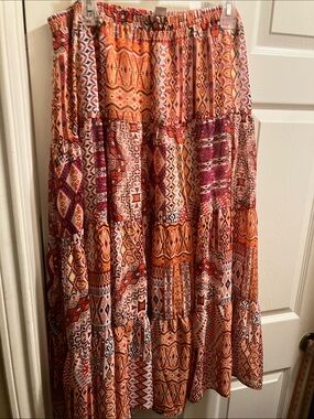 CJ Banks Orange & Pink Patterned Tiered Maxi Skirt